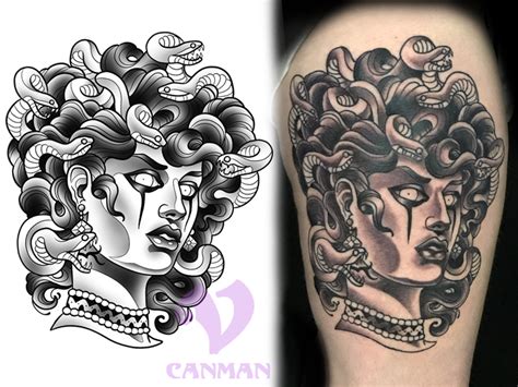 black and grey medusa tattoo.